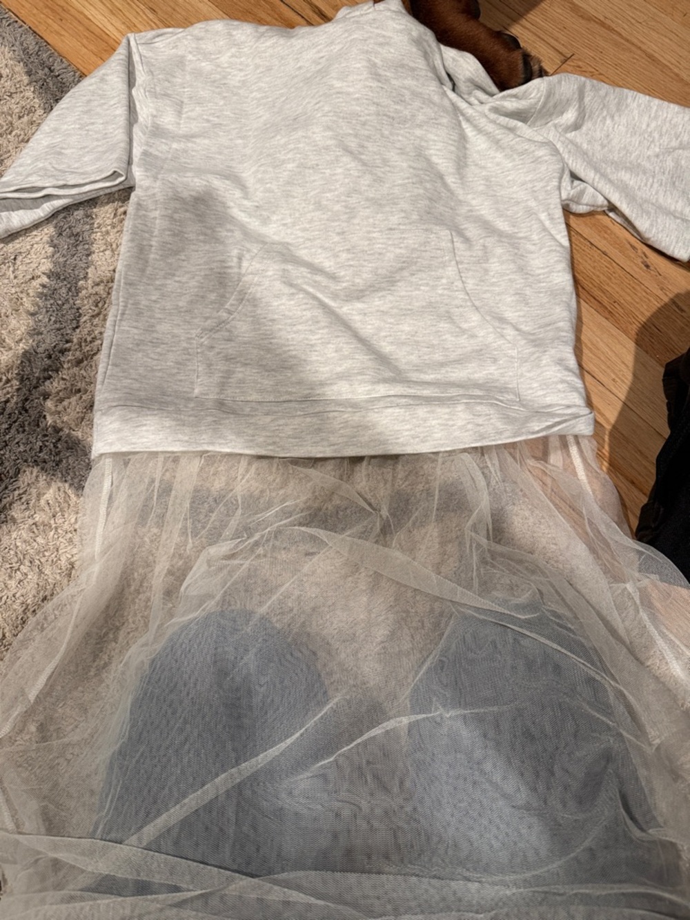 Light Gray hooded Sweatshirt with Sheer Tulle Skirt